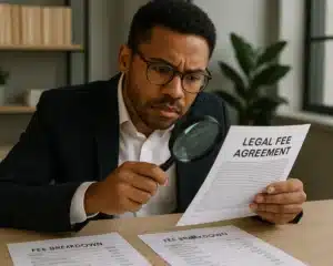 Client reviewing legal fee agreement contract