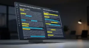 A computer screen displaying two legal documents side by side- the General Data Protection Regulation (GDPR) and the California Consumer Privacy Act (CCPA)