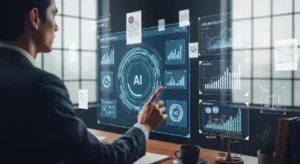 A professional in a suit interacting with an AI-powered dashboard displaying various legal data and risk management analytics