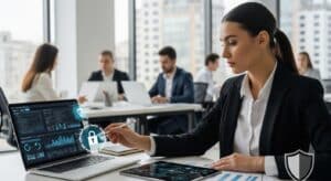 Business owner implementing cybersecurity measures