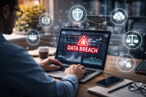 Cybersecurity expert reviewing data breach risks on a laptop