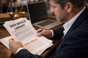 Lawyer reviewing data breach lawsuit documents for a small business