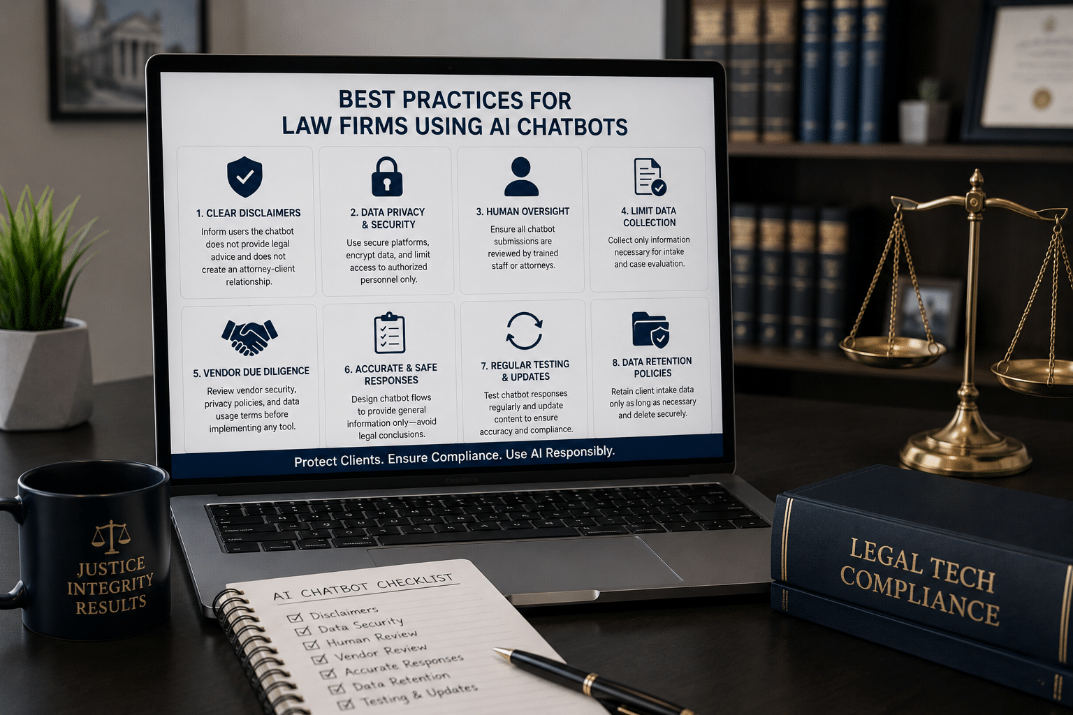 Laptop displaying best practices for law firms using AI chatbot technology