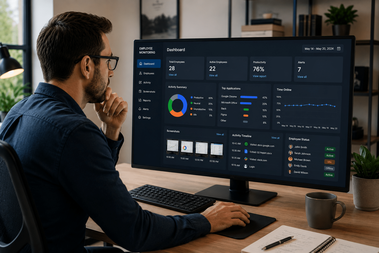 Manager reviewing employee monitoring dashboard in remote office