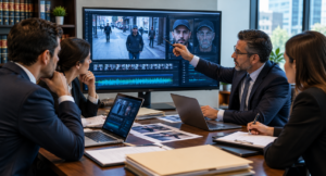 Lawyers and forensic expert reviewing digital evidence