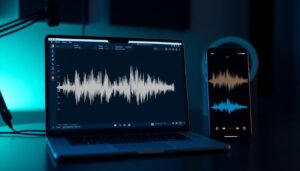 AI voice cloning software displaying audio waveform
