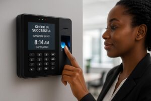 Employee using biometric fingerprint time clock